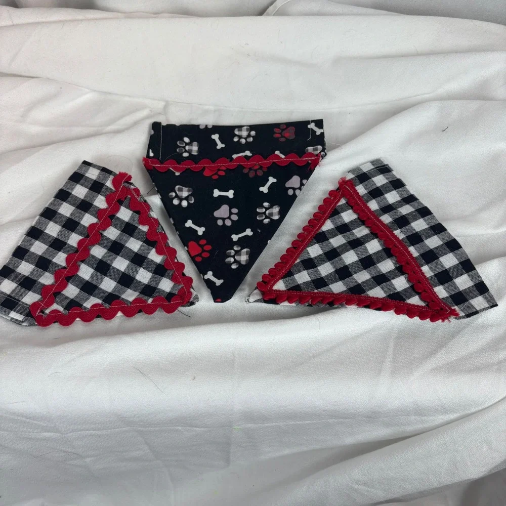 Set of 3 Handmade Dog Bandanas Over the Collar Buffalo Plaid Paw Print Red Trim